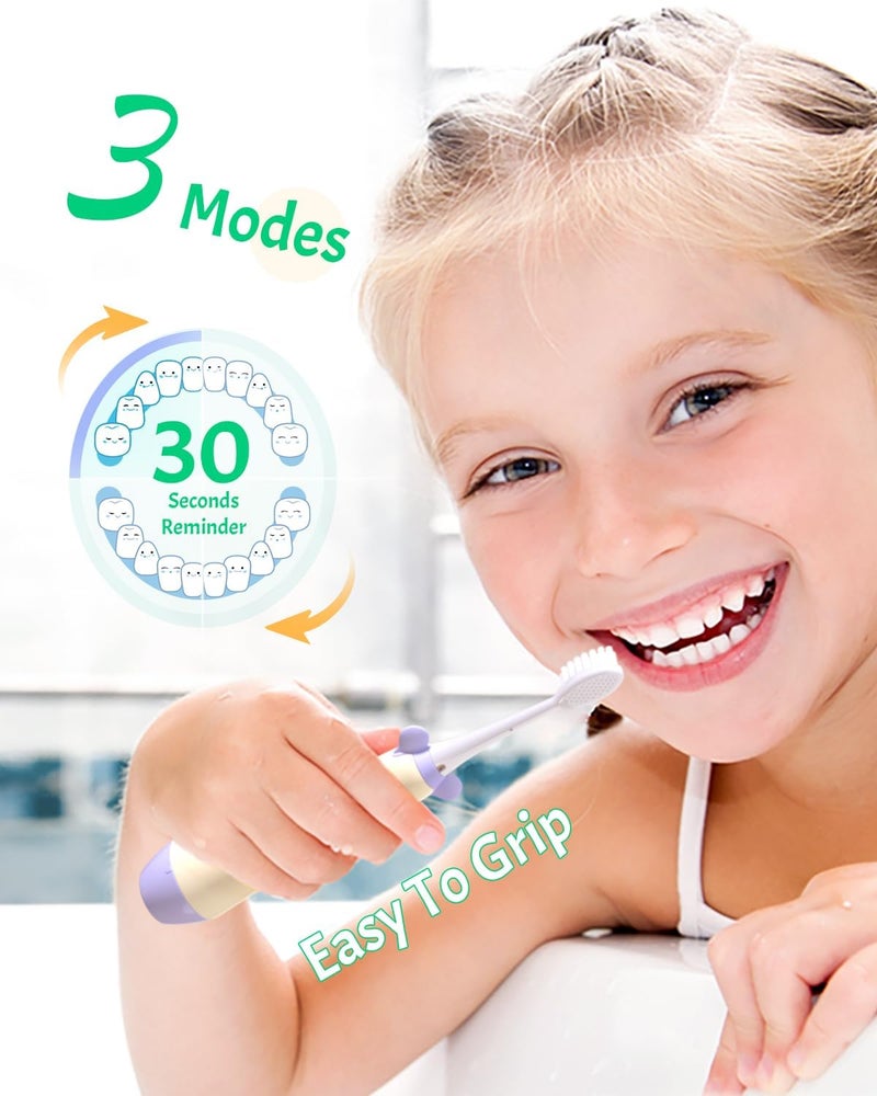 NELLWELL Kids Electric Toothbrush, 2-Min Timer, 3 Modes with Memory, IPX 7 Waterproof, Battery Powered Kids Toothbrush with 3 Soft Bristles Heads for Children Boys and Girls Ages 3+… - Image 3